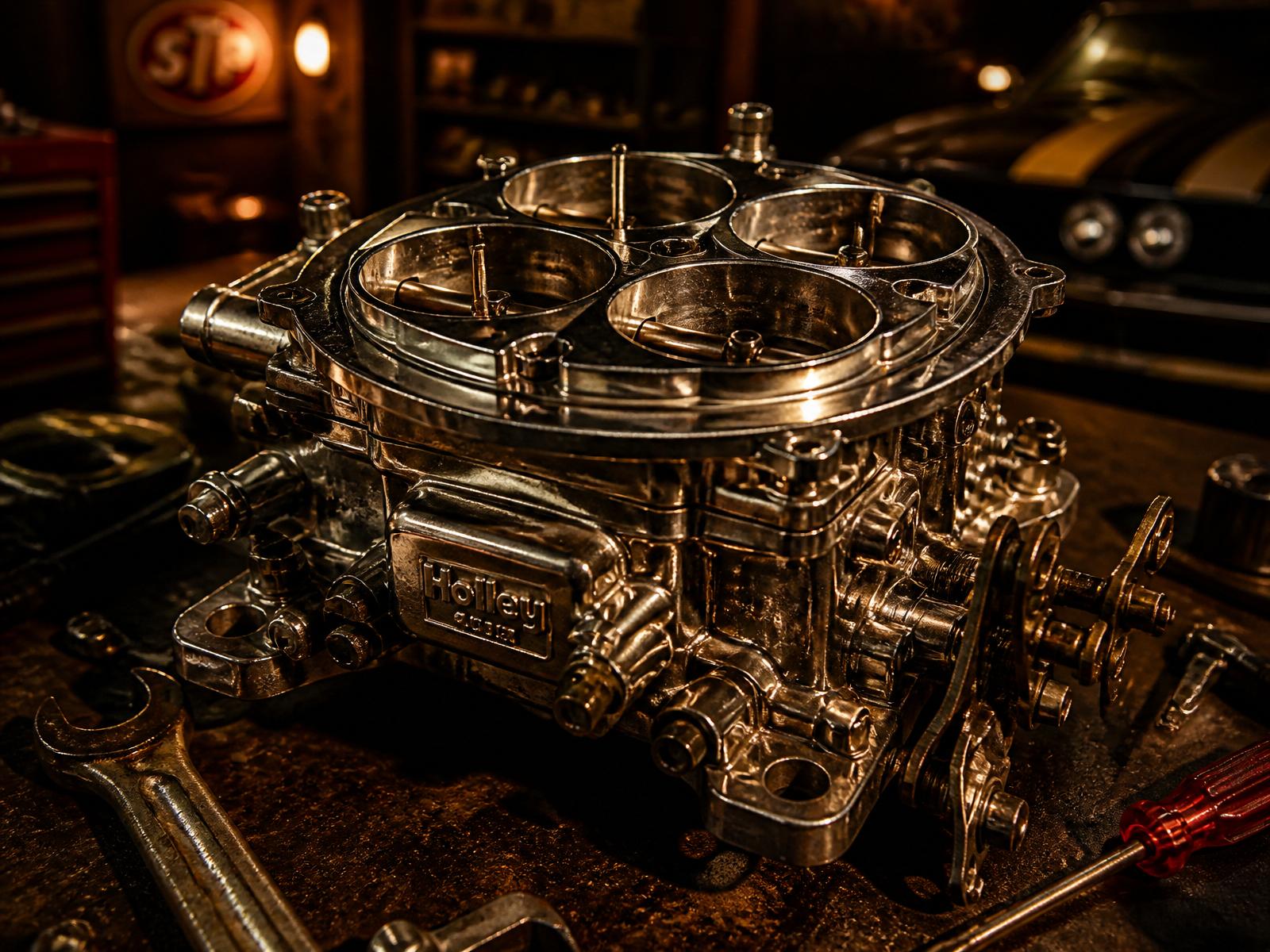 Chrome Holley four-barrel carburetor on a workbench