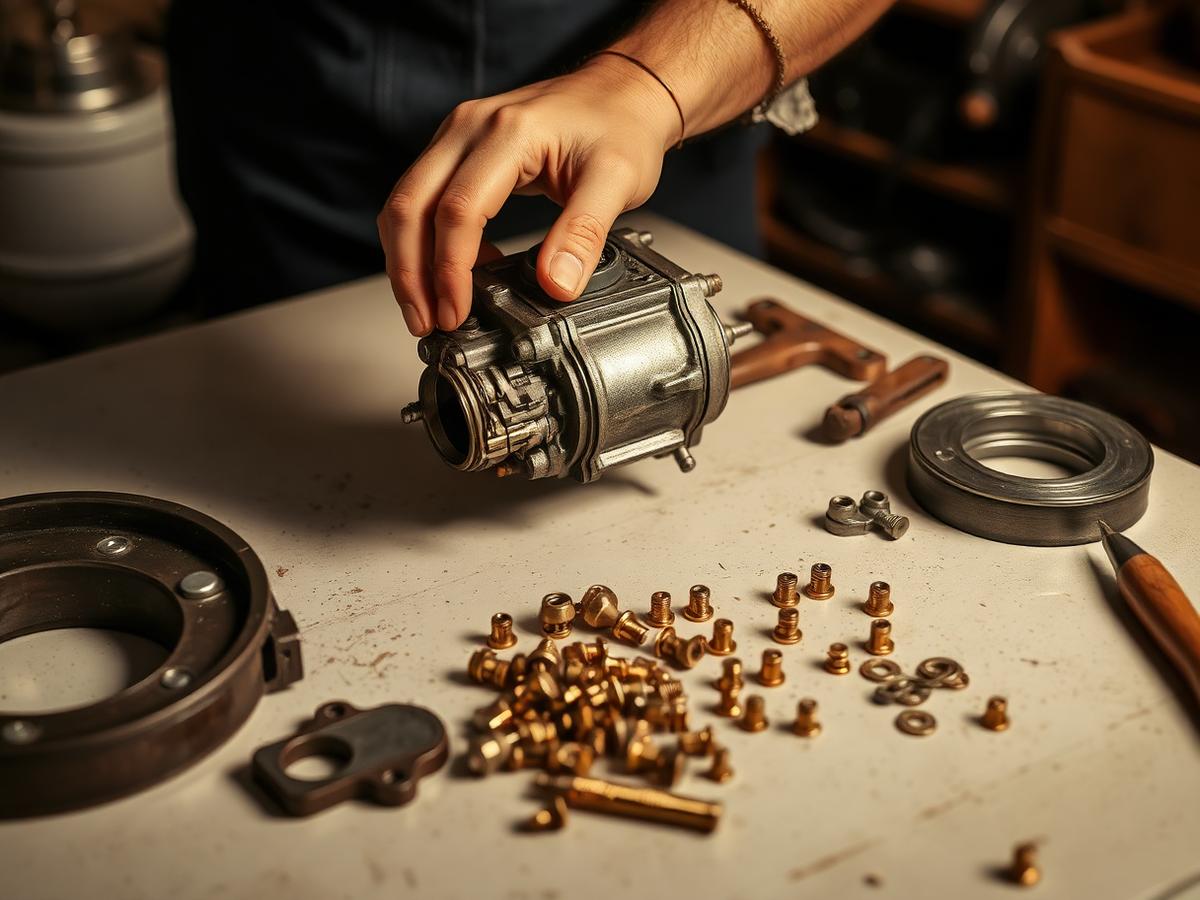Mechanic rebuilding a vintage carburetor